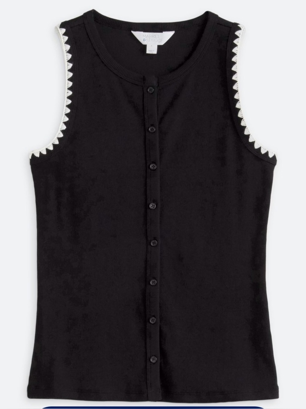 Market & Spruce Black Sleeveless Button-Front Tank with White Scallop Trim